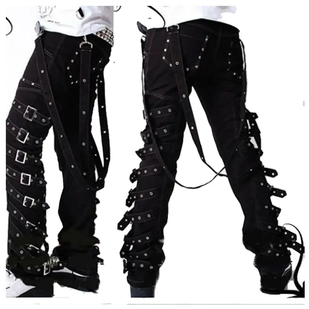 punk rock buckle straps pant men black gothic pants