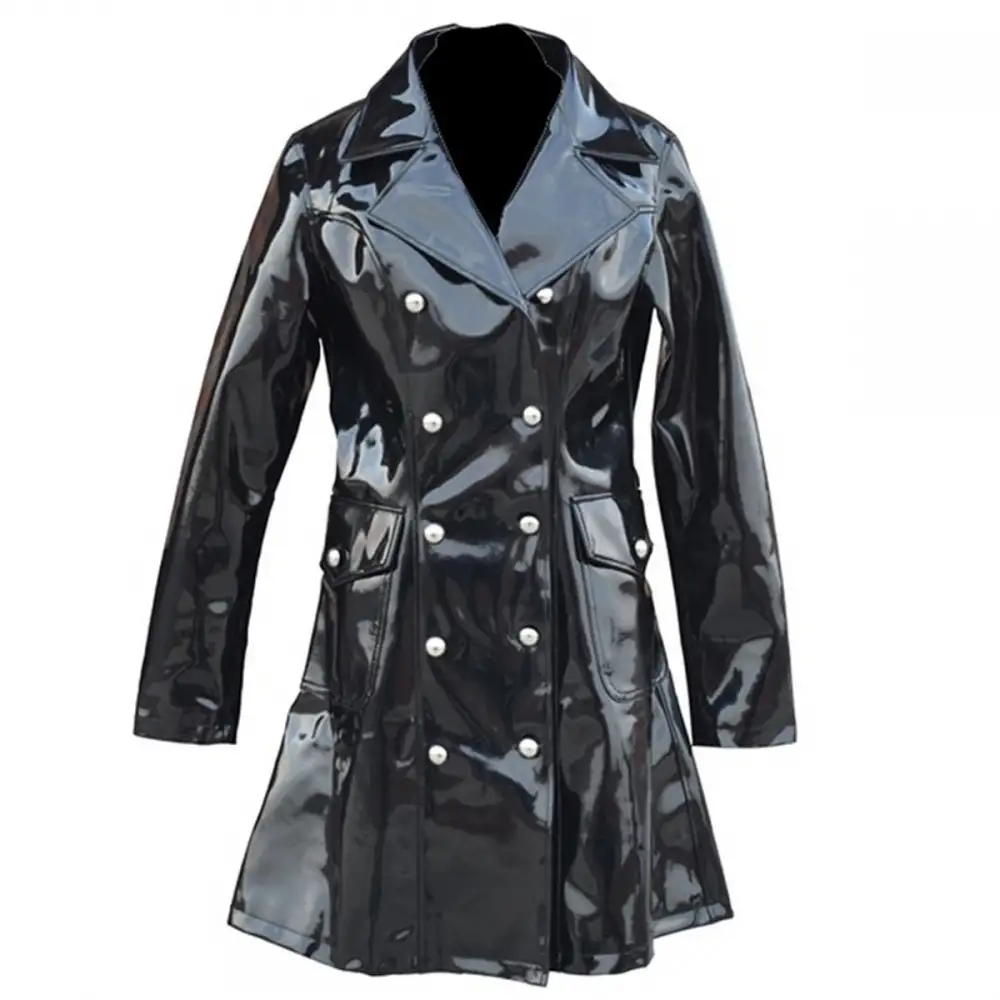 Womens Military Gothic Vinyl Jacket Elegant PVC Double Breast Shine ...