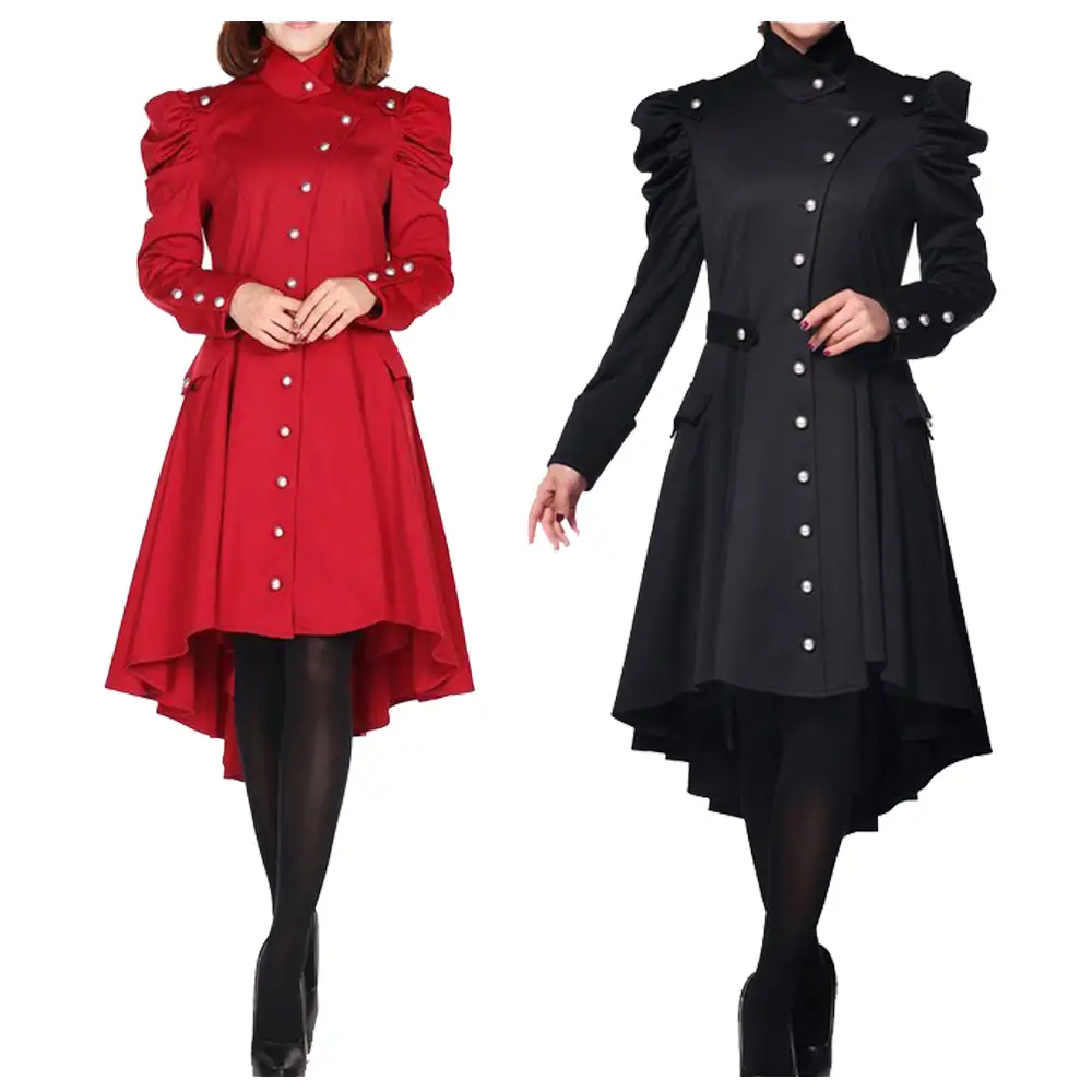Women Goth Military Style Trench Coat Red Women Gothic Coat