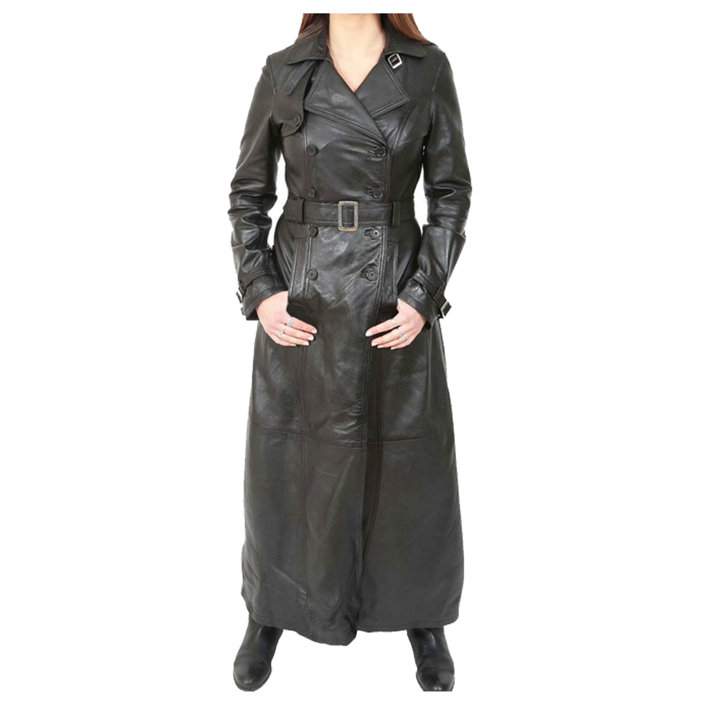 Women Leather Gothic Coat Full Length Double Breasted Trench Coat