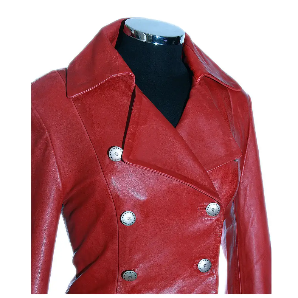 Women Double Breast Military Coat Red Leather Jacket