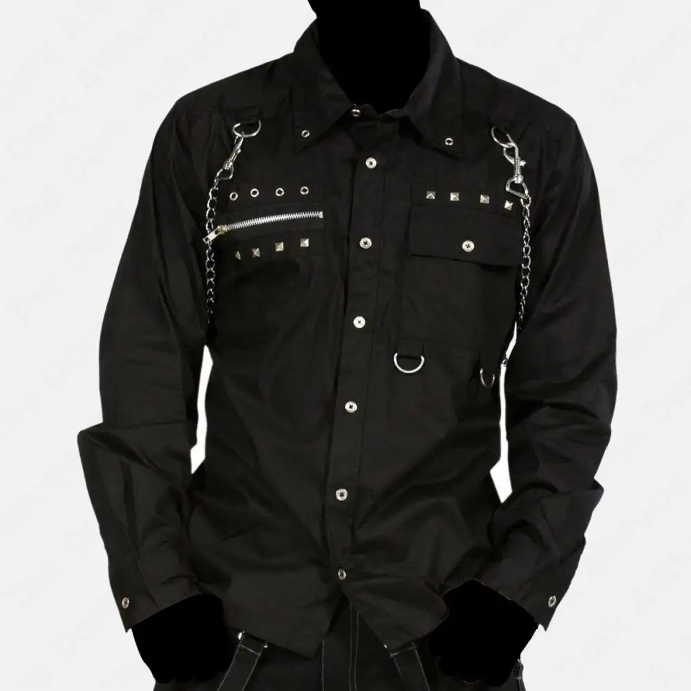 Gothic Button Up Long Sleeve Shirt  Punk Black Full Sleeve Chains Studded  Shirt