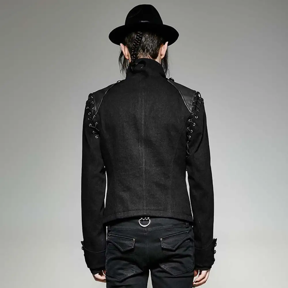 Black Braided Gothic Military Denim Jacket with Leather Shoulders