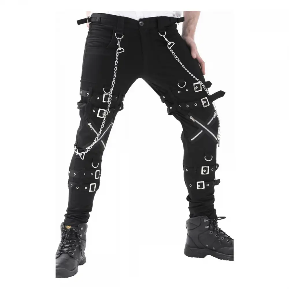 Men Gothic Trousers White Black Straps Trousers Gothic Pant Punk Cyber Pant